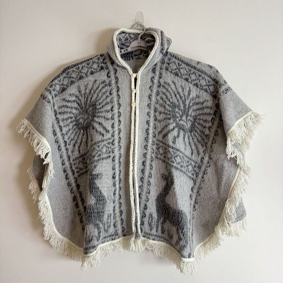 Vintage Alpaca Wool Poncho Cape Hooded Llama Fringe Peru Handmade Boho OS - Picture 14 of 15